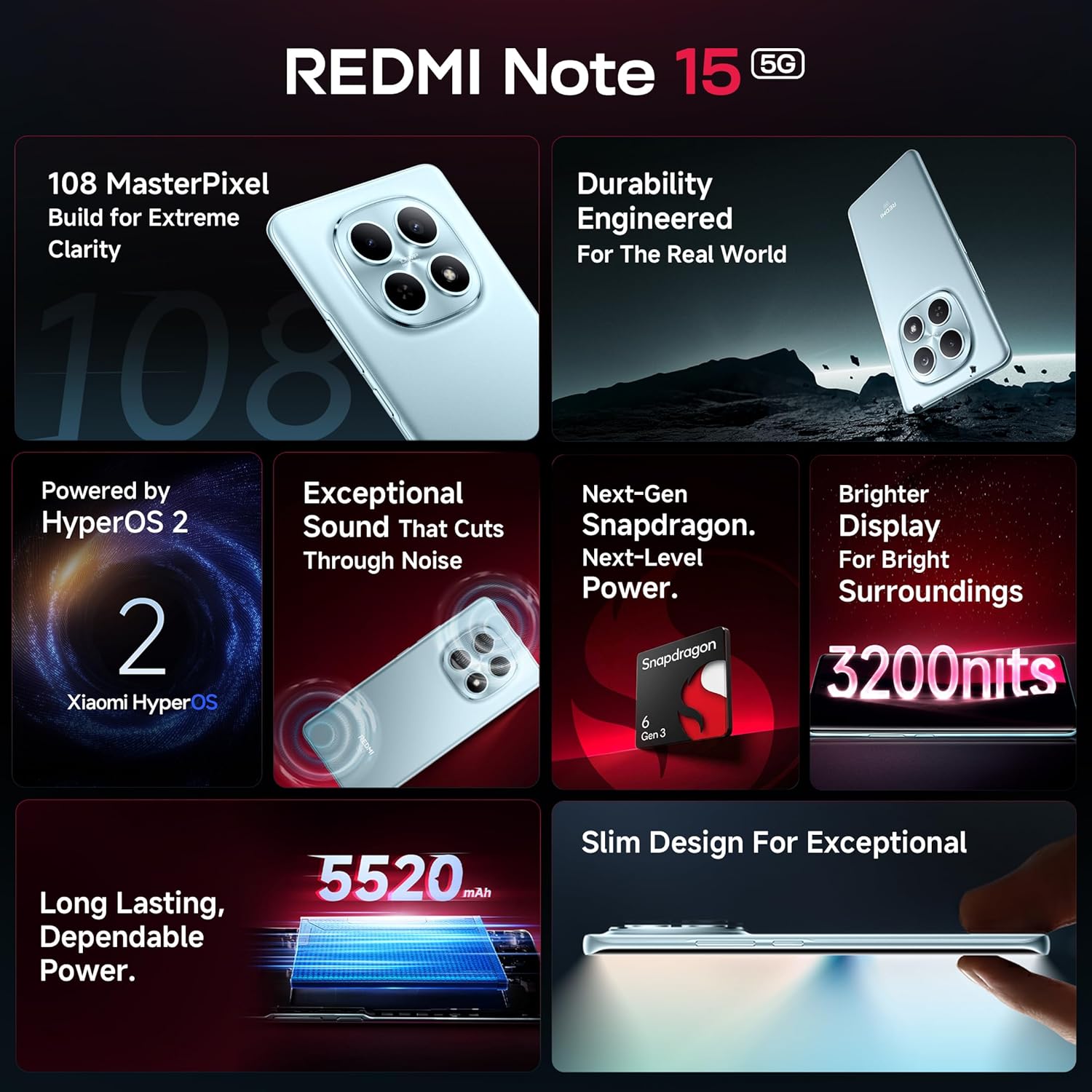 redmi note 15 5g (black, 8gb ram 256gb storage) | 108mp ois camera | snapdragon 6 gen 3 | 17.2cm tough curved amoled screen | segment’s slimmest phone | 5520mah si/c battery | 45w fast charging redmi note 15 5g (black, 8gb ram 256gb storage) | 108mp ois camera | snapdragon 6 gen 3 | 17.2cm tough curved amoled screen | segment’s slimmest phone | 5520mah si/c battery | 45w fast charging